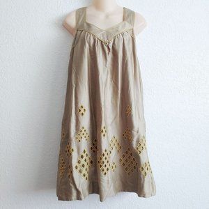 French Connection Olive Green Embroidered T-Strap Back Dress 6 Open Back Halter